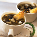 Idaho Potato and Huitlacoche Soup with Oaxaca Cheese Croutons